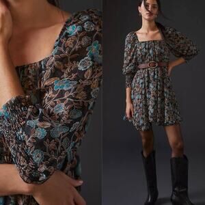 MISA Floral Mini Dress Quarter Sleeves Square Neck Black Blue Brown Size XL New